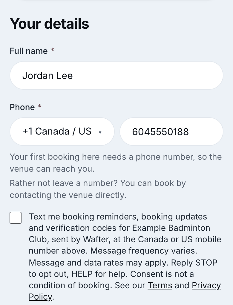 The Your details step: full name, phone number, and an unticked checkbox with the text-message disclosure for Example Badminton Club.