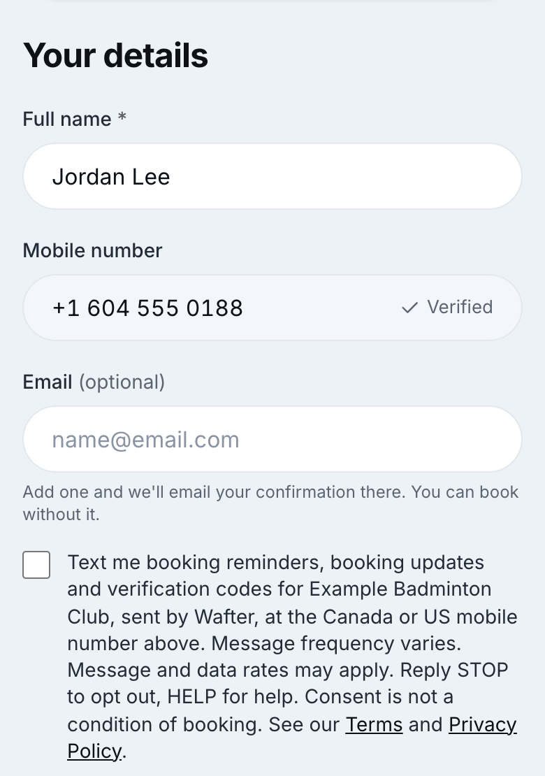 The Your details step at a venue that confirms customers by phone: the verified mobile number, an optional email, and the same unticked checkbox.